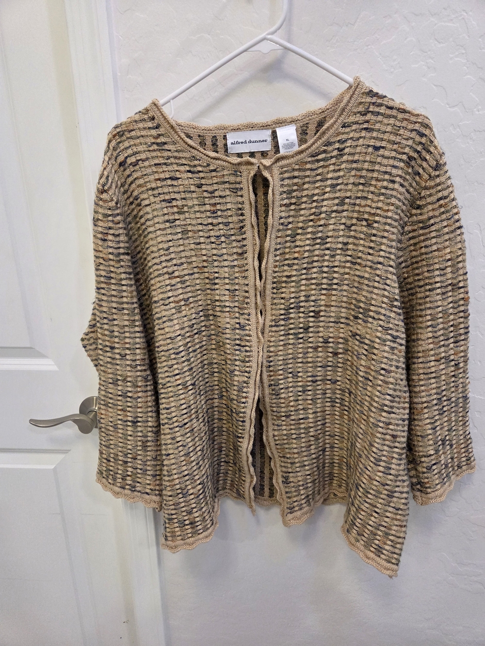 Alfred Dunner Beige and Black Speckled Open-Front Knit Cardigan